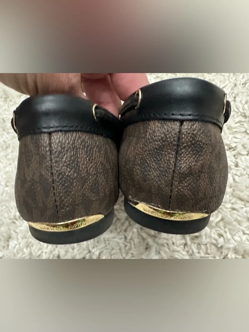 Michael Kors Sutton Brown Monogram Logo Moccasin Loafers with Black Trim 8.5